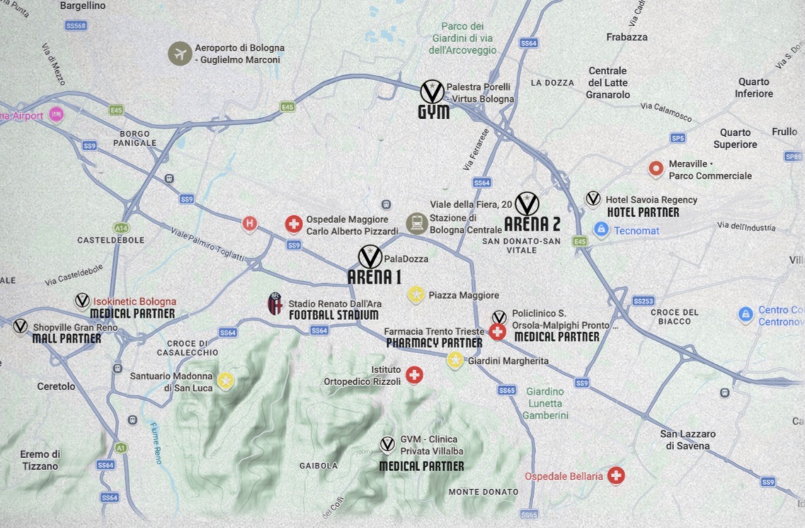Mappa dei luoghi Virtus a Bologna